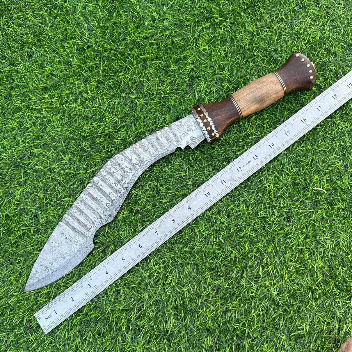 18” Handmade Damascus Kukri Bowie Knife | Hardwood Handle & Leather Sheath