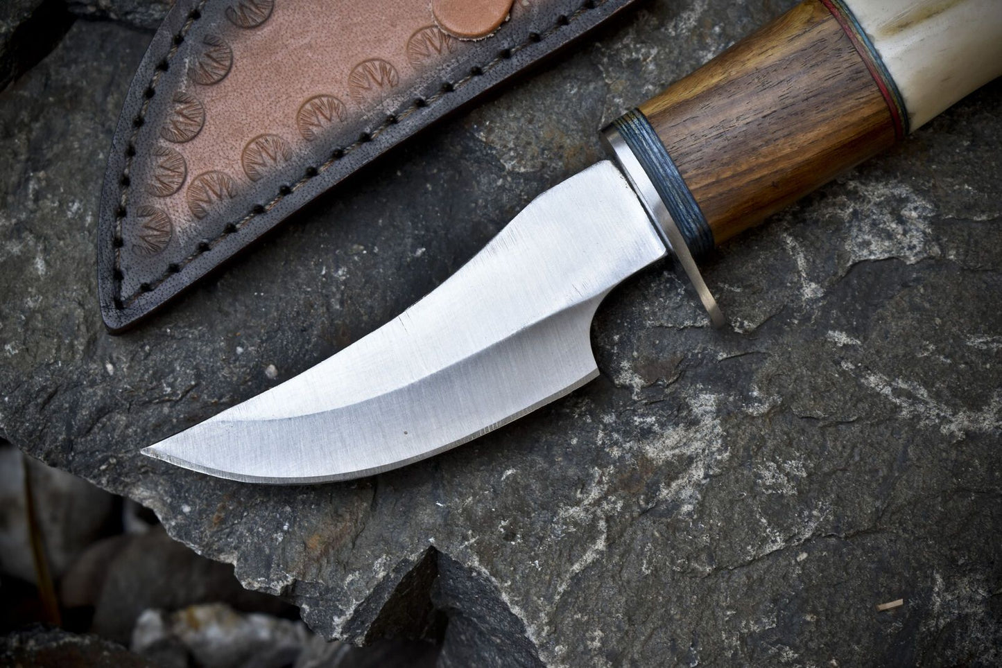 8" Hand Forged Skinner Knife | AUS-8 Steel Blade | Bone & Wood Handle with Steel Guard