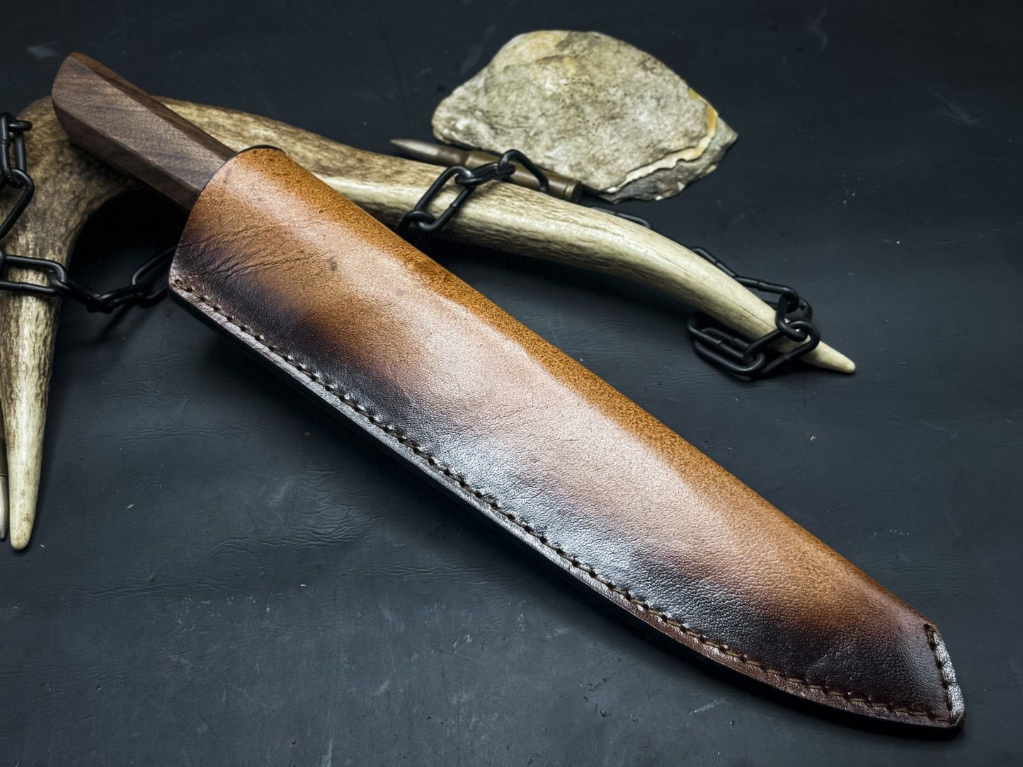 Damascus Steel Kitchen Chef EDC Knife – Wood Handle with Cow Leather Sheath