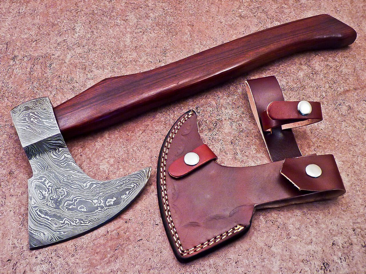 New Handmade Damascus Steel Axe | Unique Limited Edition 16-Inch Axe with Natural Wood Handle & Leather Sheath