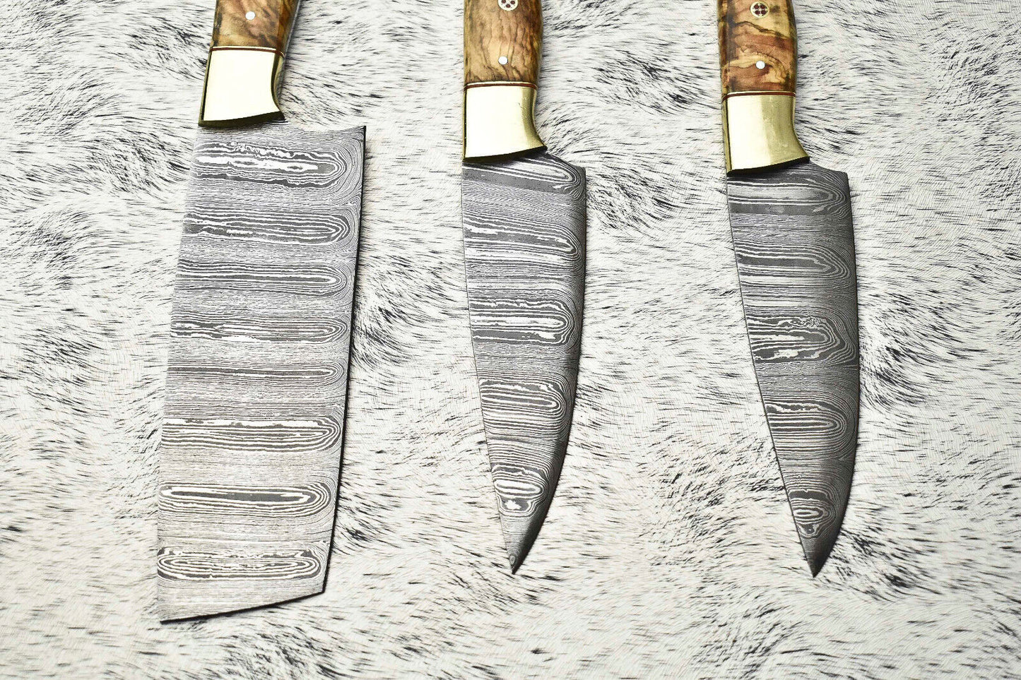 Lot of 3 Handmade Damascus Blade Full Tang Chef Knife Set – Premium Kitchen Cutlery