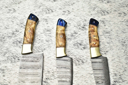 Lot of 3 Handmade Damascus Blade Full Tang Chef Knife Set – Premium Kitchen Cutlery