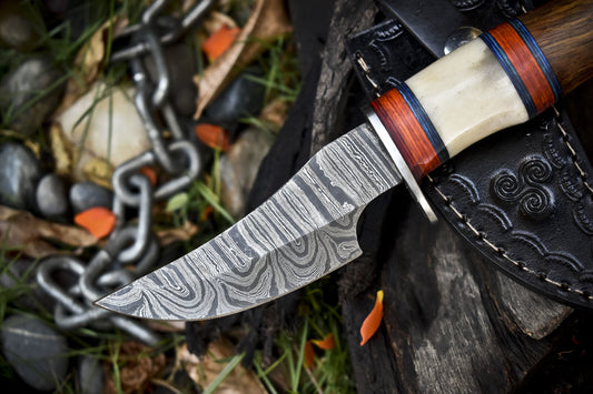8.0" Twist Damascus Skinner Knife with Bone and Wood Handle – Custom Handmade Survival Knife