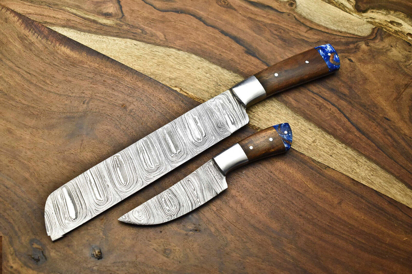 Set of 2 Handmade Damascus Steel Chef Knives | Full Tang Kitchen Knife Set