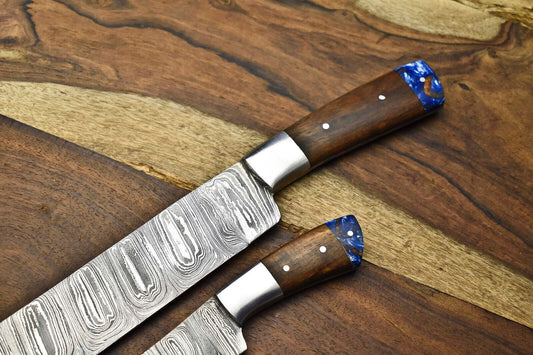 Set of 2 Handmade Damascus Steel Chef Knives | Full Tang Kitchen Knife Set