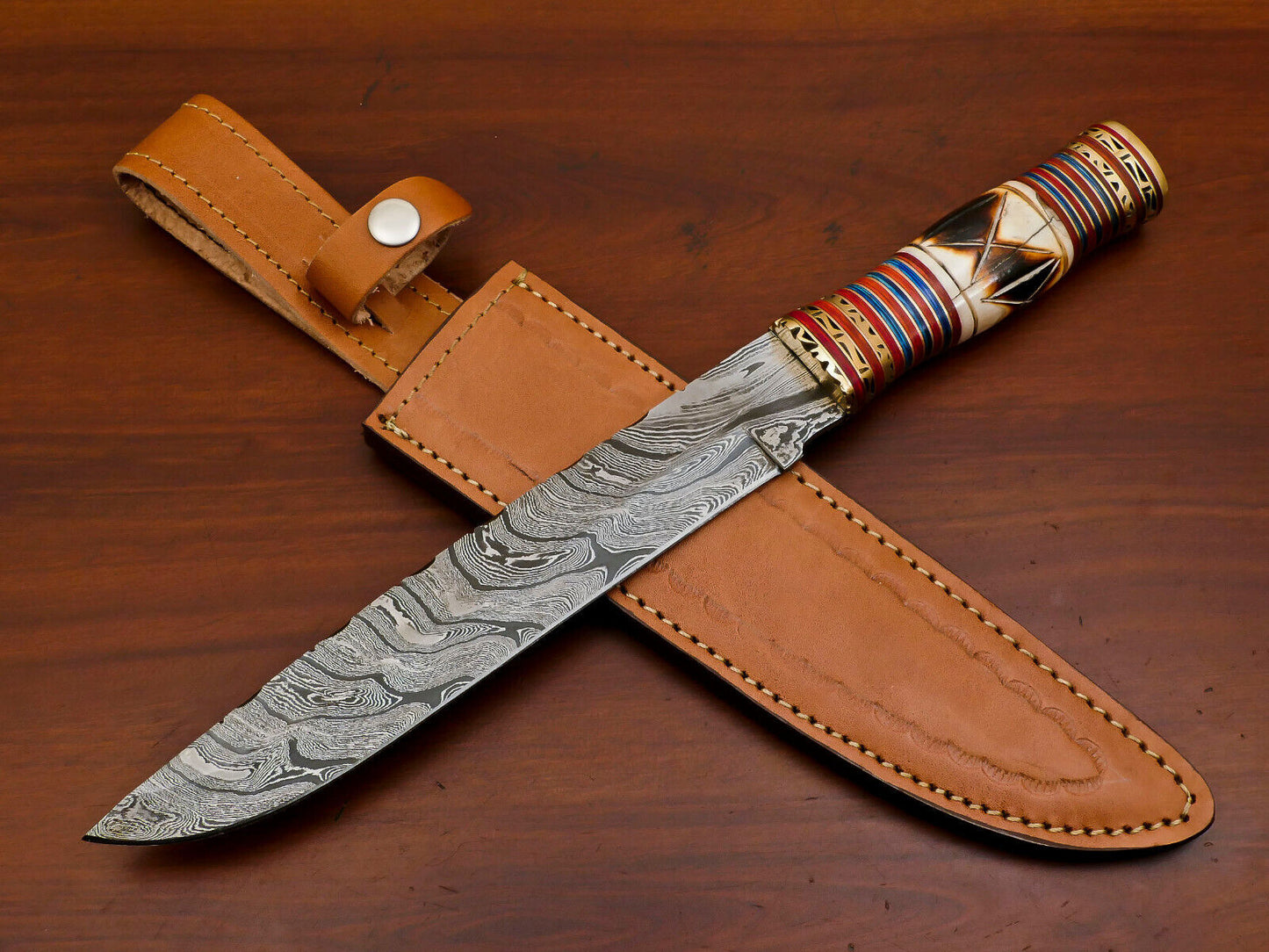 14" Damascus Steel Bowie Knife with Burn Camel Bone & Pakka Wood Handle