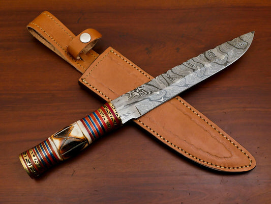 14" Damascus Steel Bowie Knife with Burn Camel Bone & Pakka Wood Handle