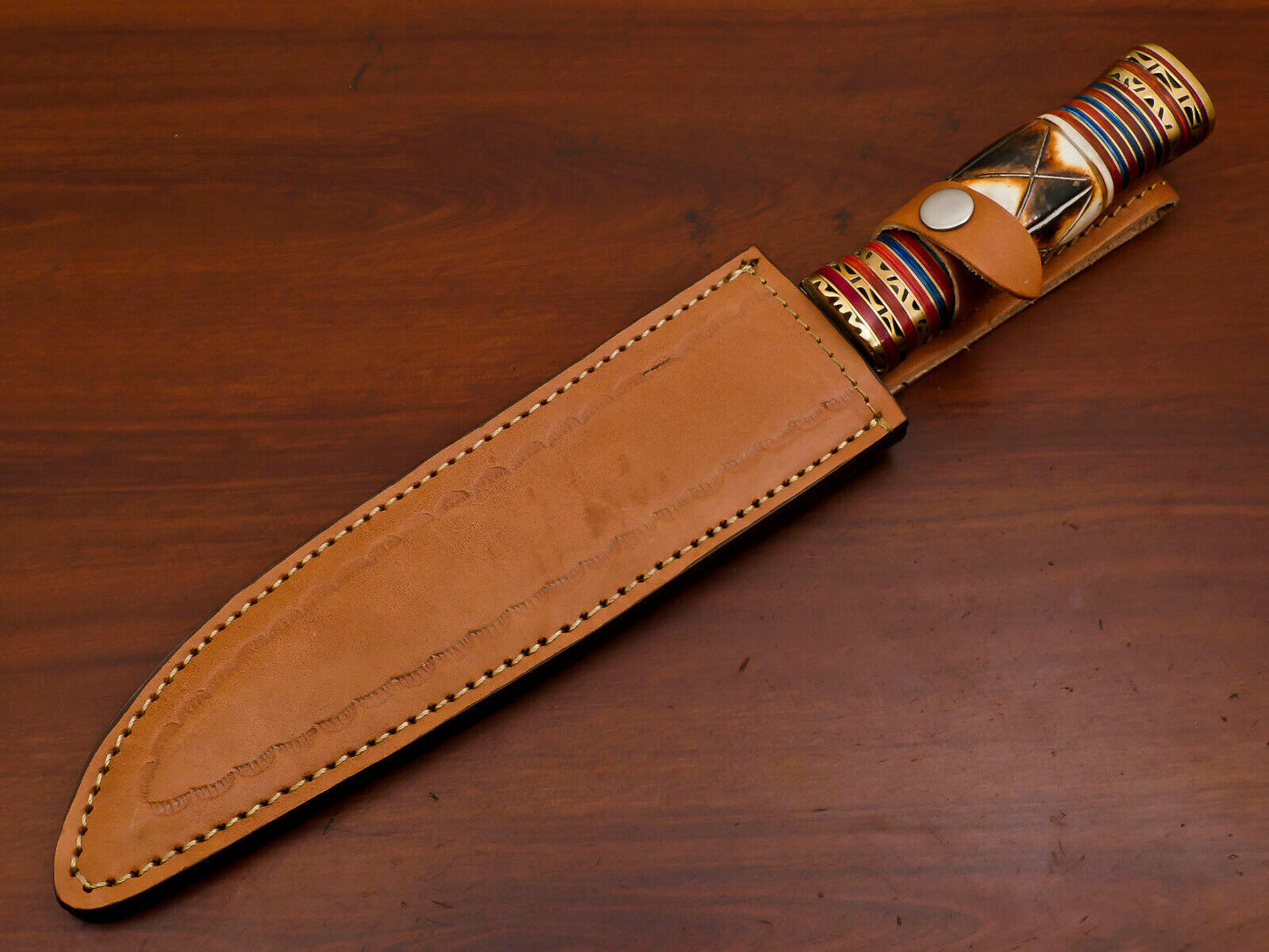 14" Damascus Steel Bowie Knife with Burn Camel Bone & Pakka Wood Handle