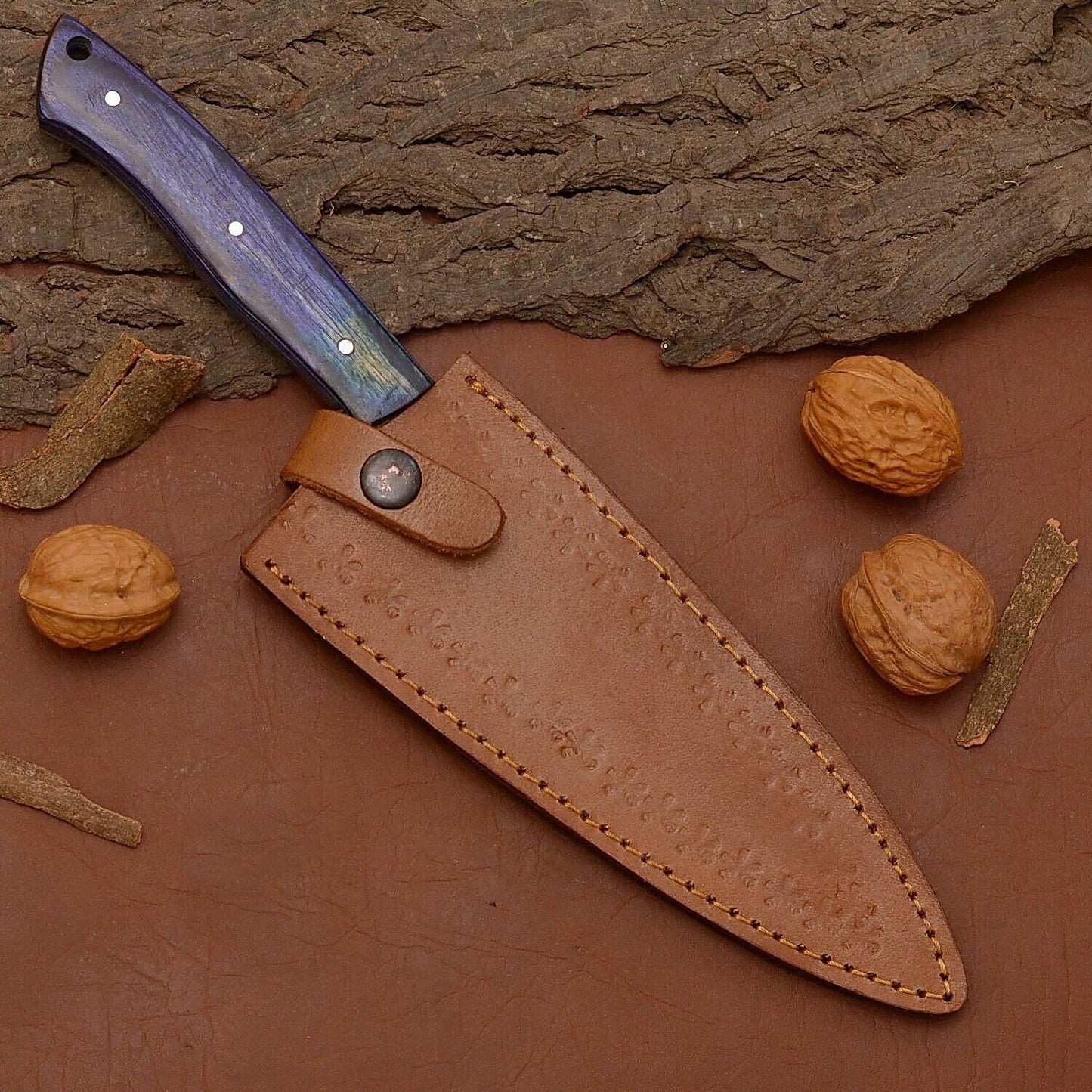 Damascus Steel Chef Knife | 12" Kitchen Knife with Wood Handle & Leather Sheath