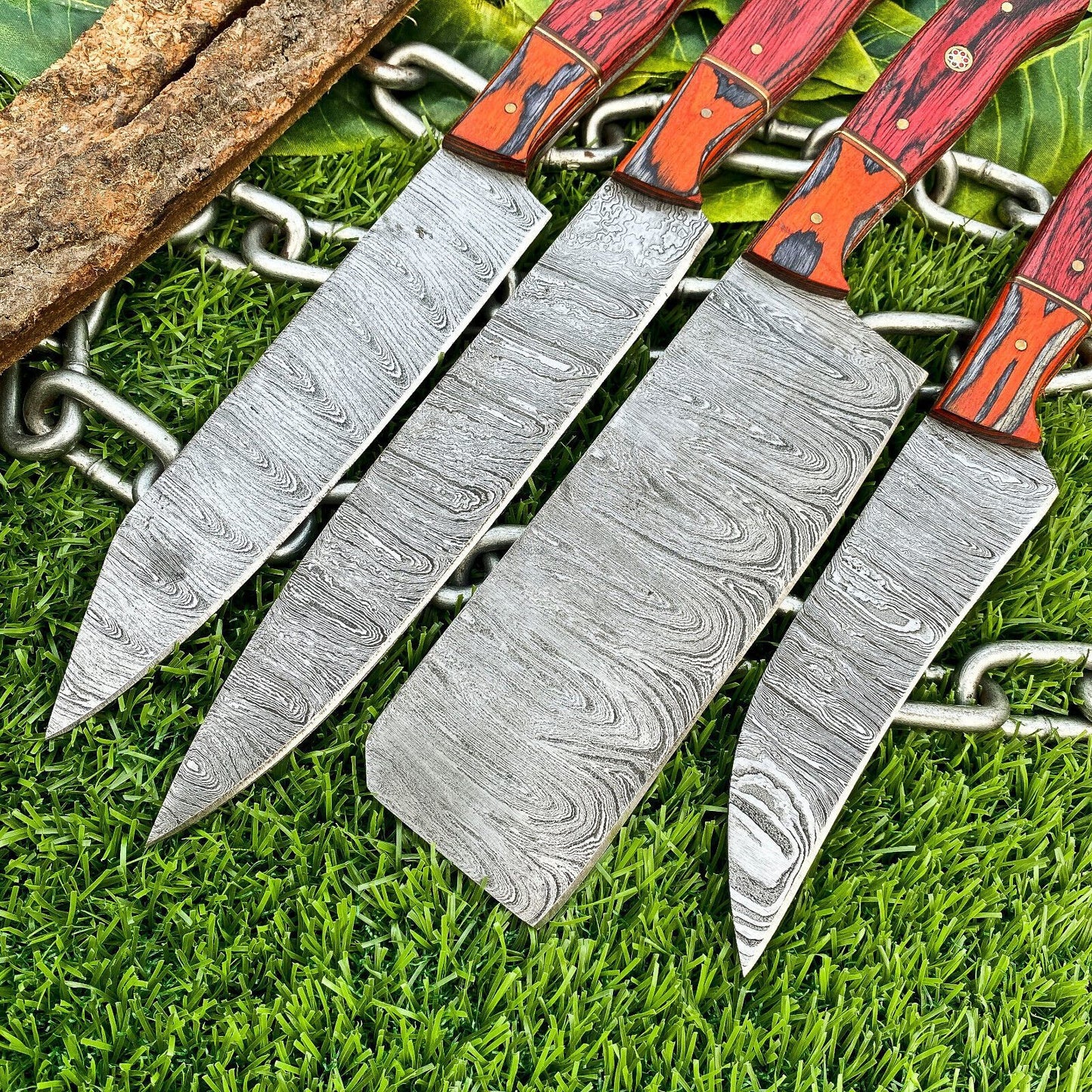Lot of 4 Handmade Damascus Steel Chef Knife Set – Full Tang Kitchen Knives with Hardwood Handles