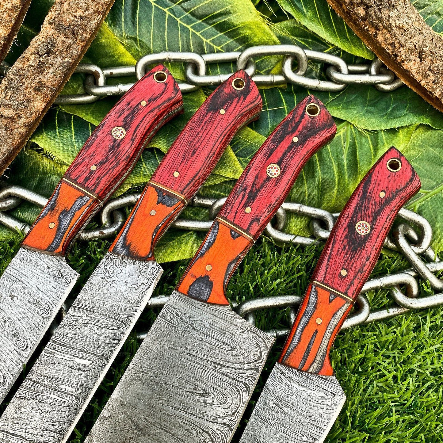 Lot of 4 Handmade Damascus Steel Chef Knife Set – Full Tang Kitchen Knives with Hardwood Handles