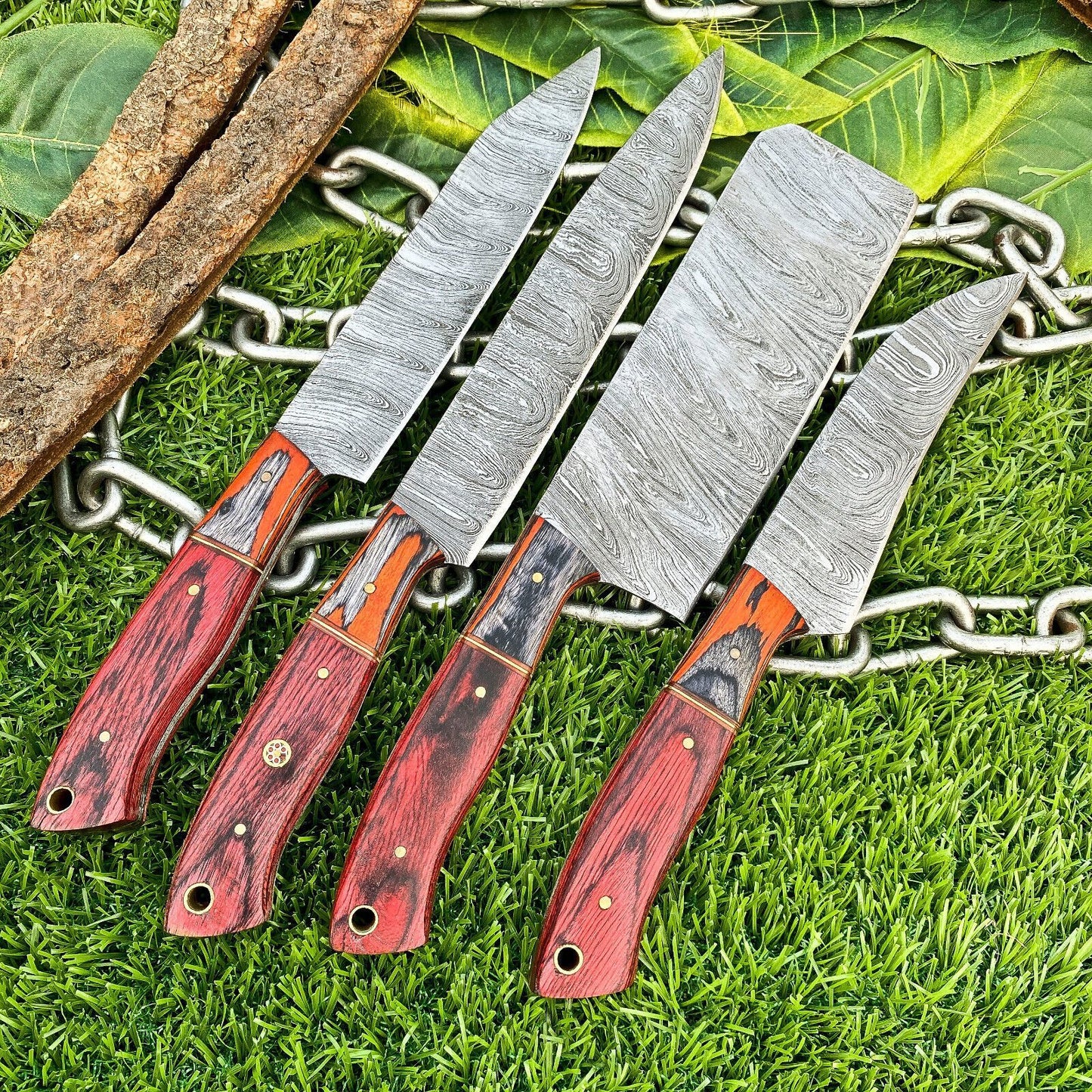 Lot of 4 Handmade Damascus Steel Chef Knife Set – Full Tang Kitchen Knives with Hardwood Handles