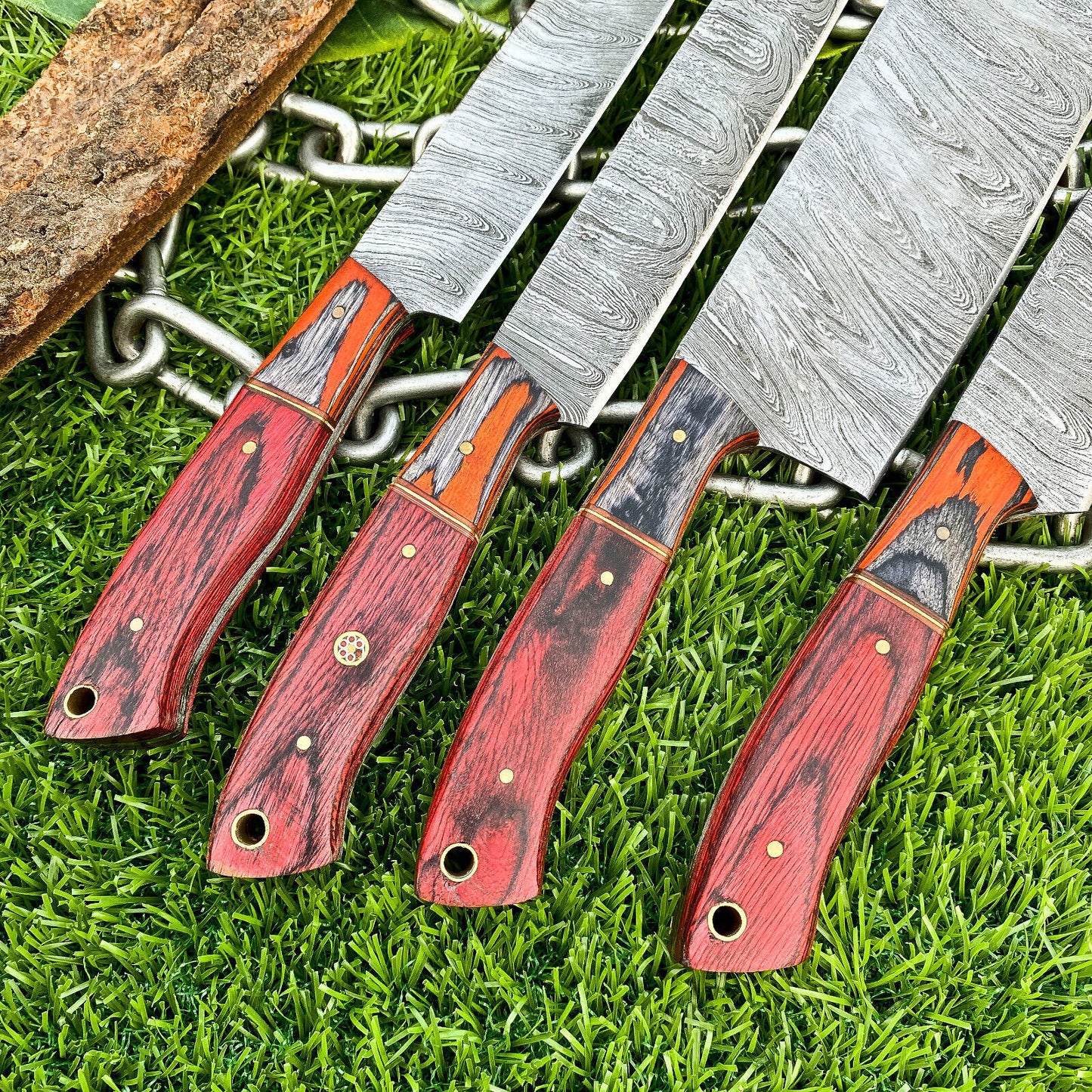 Lot of 4 Handmade Damascus Steel Chef Knife Set – Full Tang Kitchen Knives with Hardwood Handles