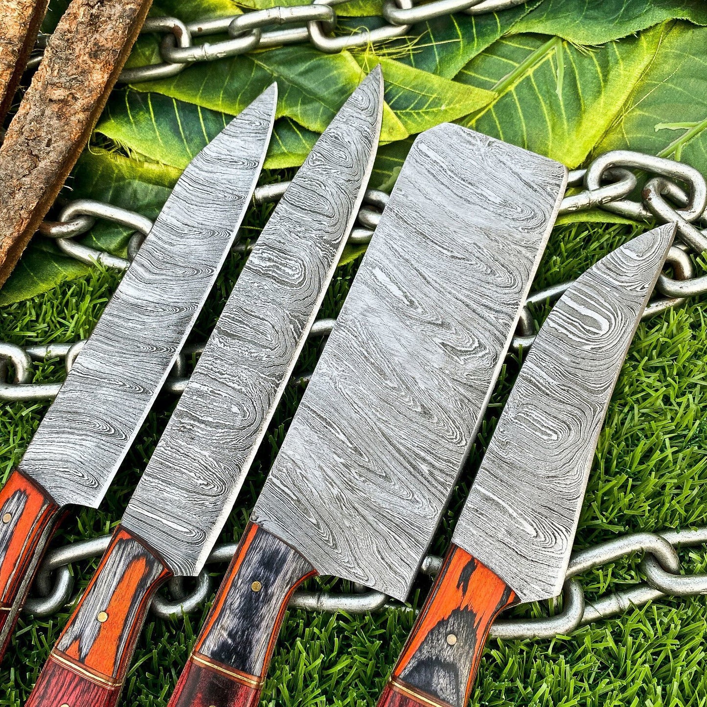 Lot of 4 Handmade Damascus Steel Chef Knife Set – Full Tang Kitchen Knives with Hardwood Handles