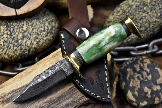 Rain Drop Damascus Skinner Knife with Bone Handle – Custom Hand Forged Hunting Knife with Leather Sheath