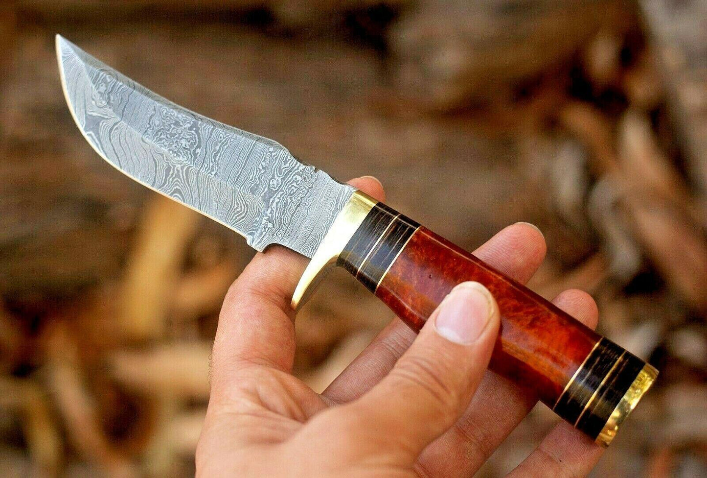 Custom 8" Damascus Steel Bowie Knife – Resin & Brass Guard Handle
