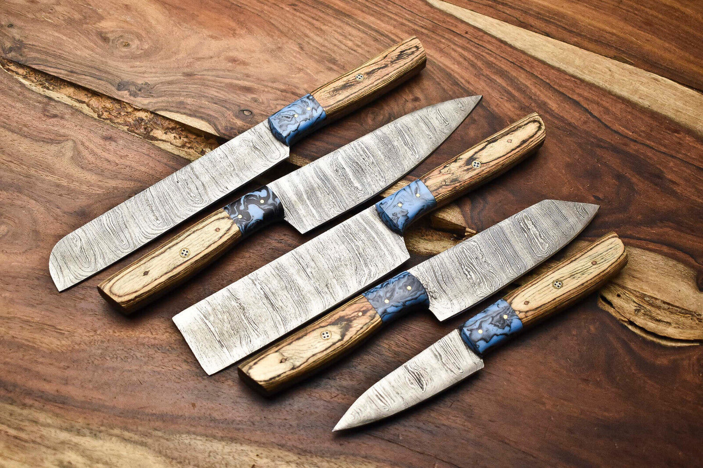 Lot of 5 Handmade Damascus Steel Blade Chef Knife Set with Leather Bag – Custom Forged, Hammered, Full Tang