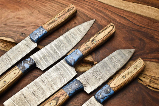 Lot of 5 Handmade Damascus Steel Blade Chef Knife Set with Leather Bag – Custom Forged, Hammered, Full Tang