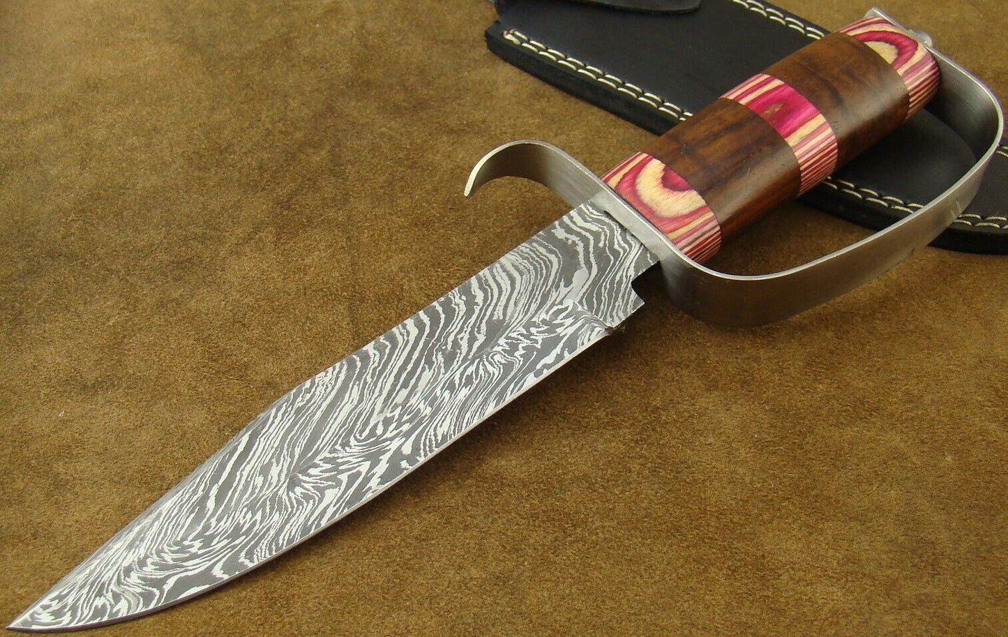 12.9" Damascus D-Guard Bowie Knife with Pakkawood & Rosewood Handle