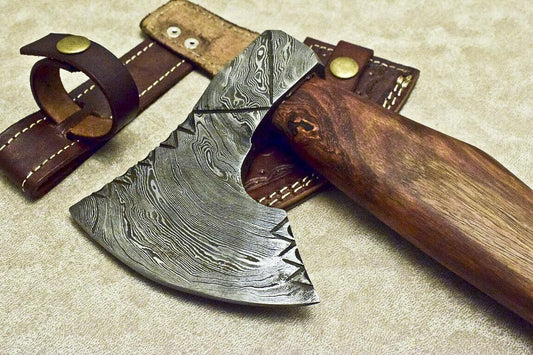 Custom Hand Forged Damascus Pipe Tomahawk Axe Integral with Walnut Handle and Leather Sheath