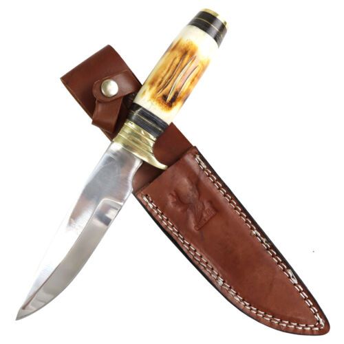 10.5″ Skinner Knife – Stainless Steel Sharp Blade with Burn Bone Handle & Leather Sheath
