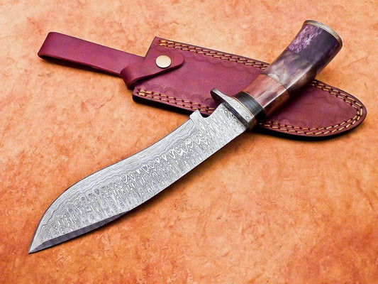 12" Custom Damascus Bowie Knife with Camel Bone Handle & Damascus Bolster