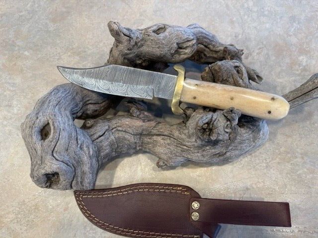 Heritage Forge Damascus Steel Bowie Knife with Natural Bone Handle and Brass Hilt