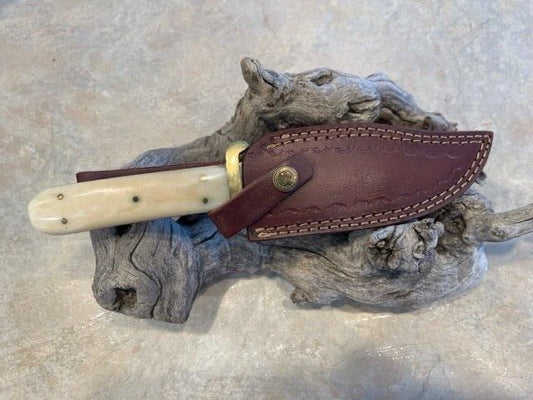 Heritage Forge Damascus Steel Bowie Knife with Natural Bone Handle and Brass Hilt