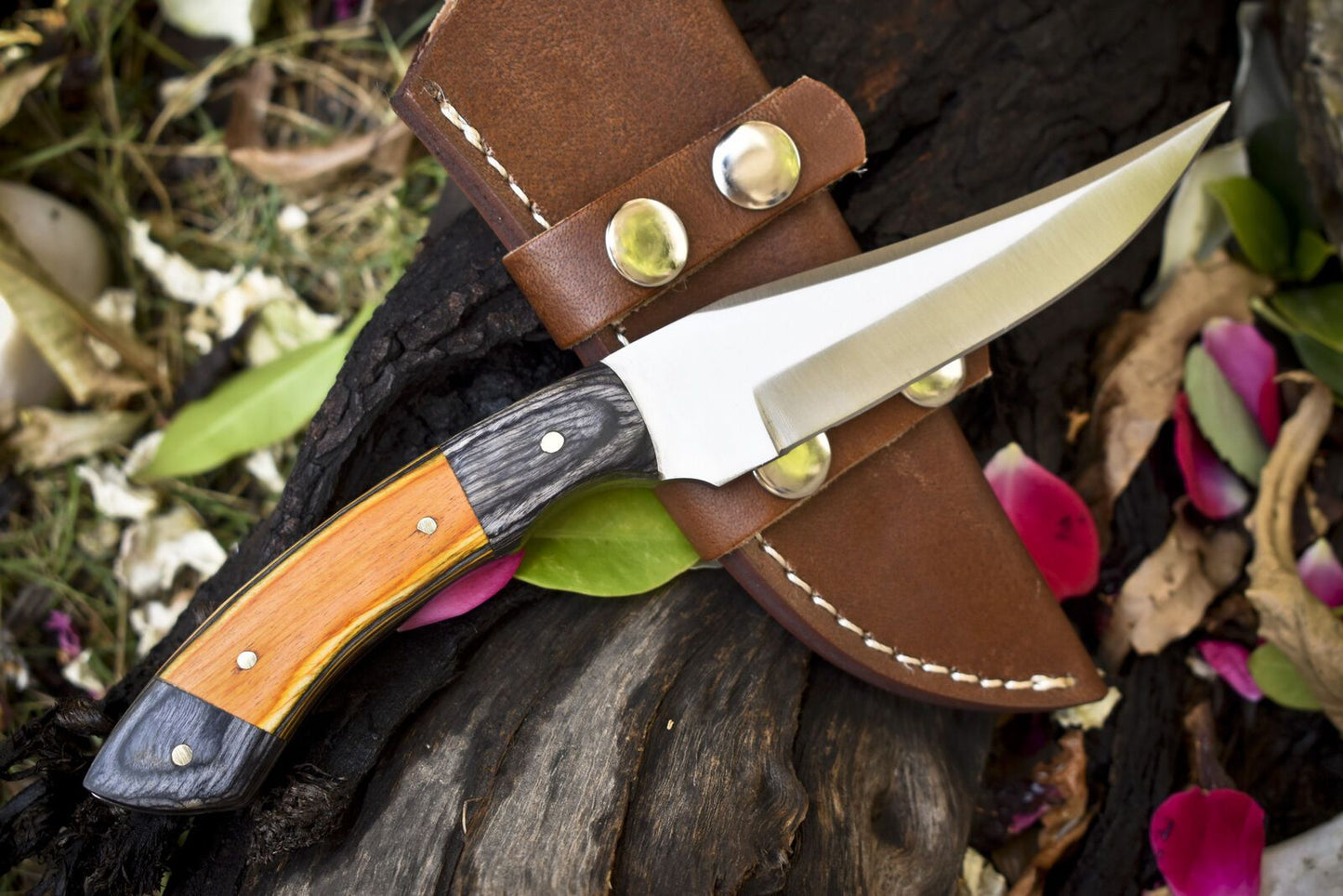 Skinner Knife AUS-8 Steel Hardwood Handle with Wooden Bolster
