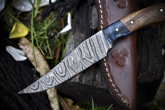 9 Inch Twist Damascus Skinner Knife Walnut Handle Micarta Bolster EDC Tool