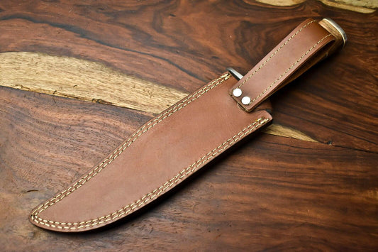 14" Damascus Bowie Knife – Camel Bone Handle & Leather Sheath