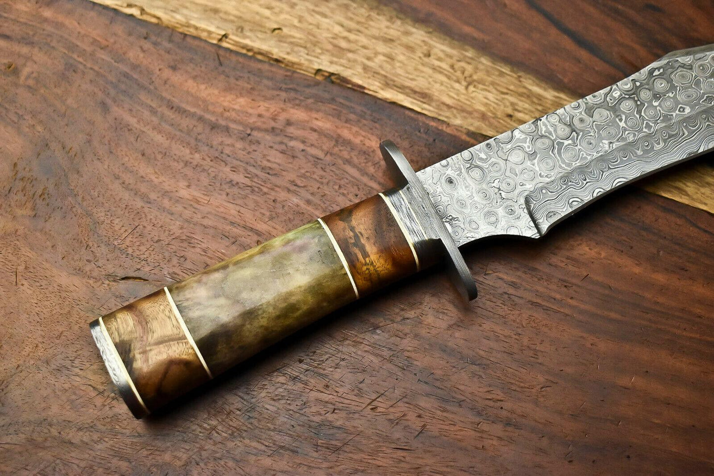14" Damascus Bowie Knife – Camel Bone Handle & Leather Sheath