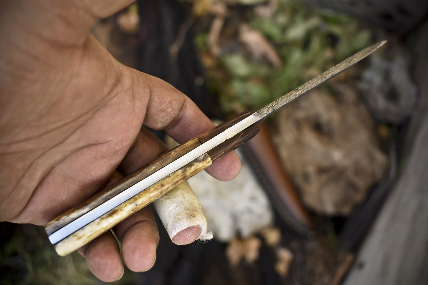 Hand-Forged Twist Damascus Steel Skinner Knife with Bone Handle and Micarta Bolster – Bushcraft Hunting Blade with Leather Sheath