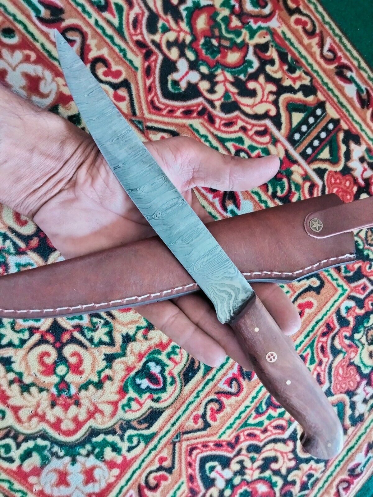 12" Handmade Damascus Steel Knife Fillet Knife Wood Handle W/Leather Sheath