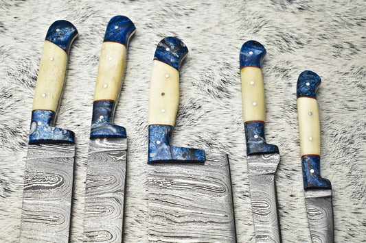 Handmade Damascus Steel Chef & Camping Knife Set – Custom 5-Piece Collection