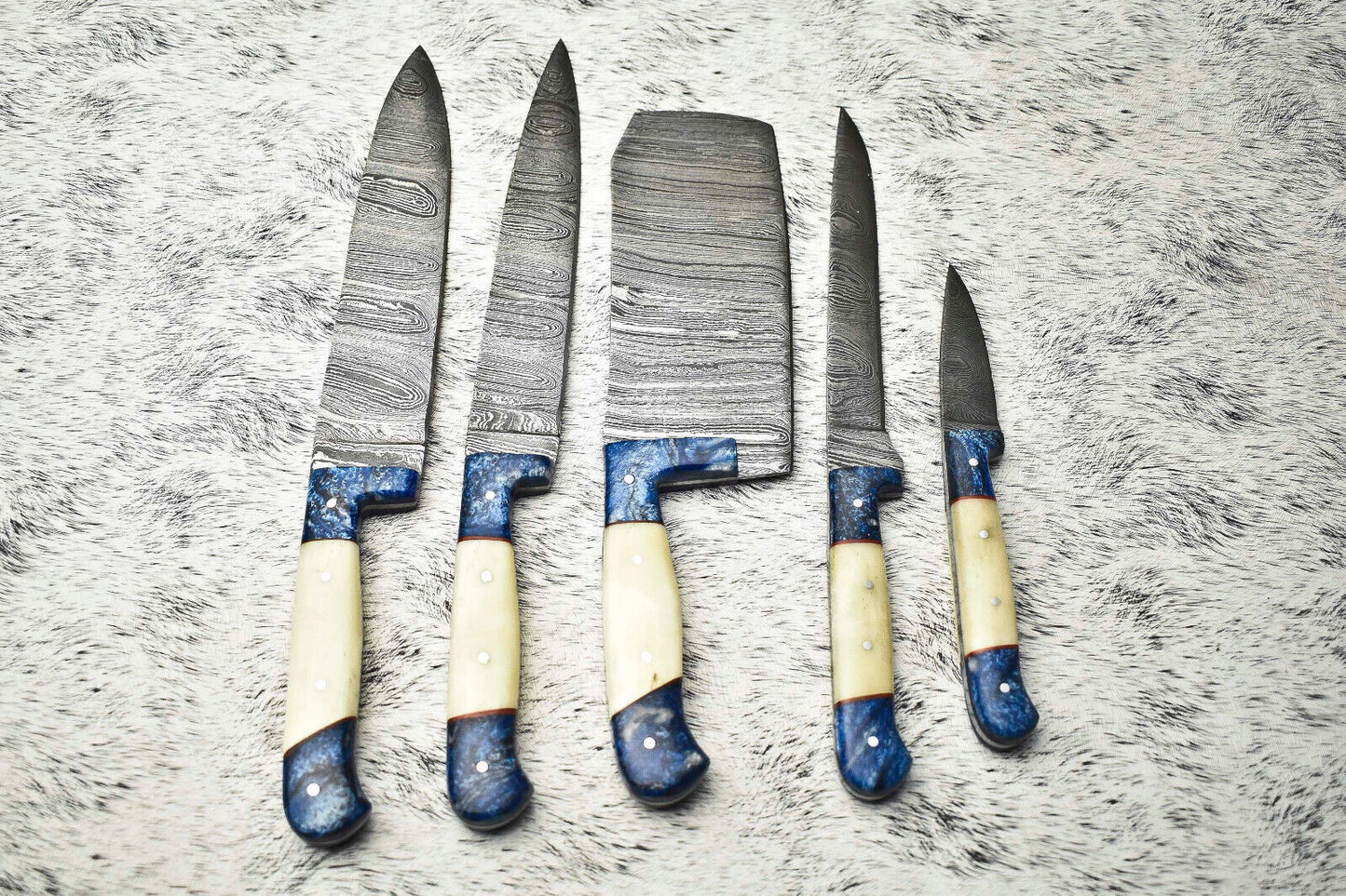 Handmade Damascus Steel Chef & Camping Knife Set – Custom 5-Piece Collection