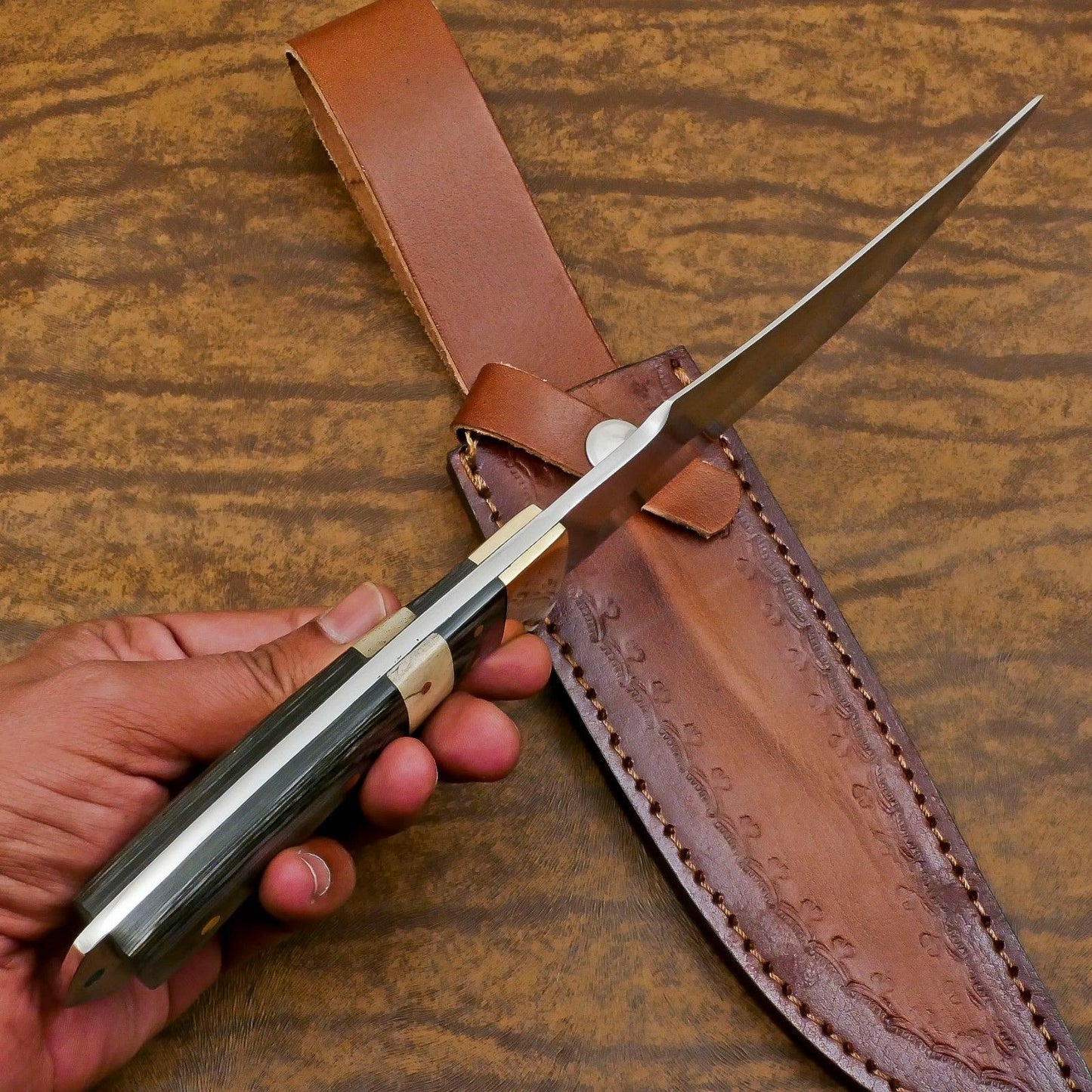 Handmade 12-Inch D2 Steel Full Tang Bowie Hunting Knife – Bone & Wood Handle