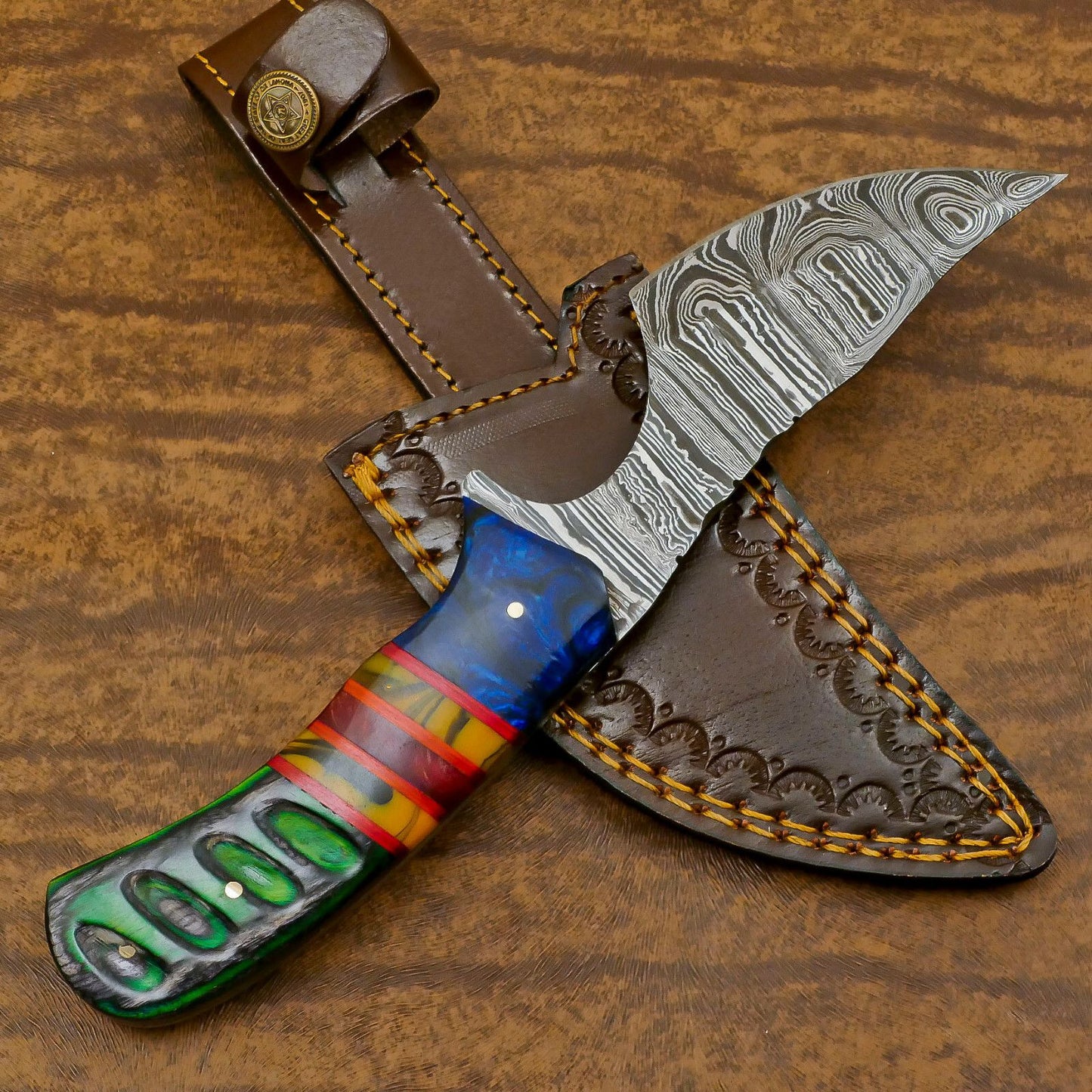 Handmade Damascus Skinner Knife with Resin Wood Handle for EDC and Hunting