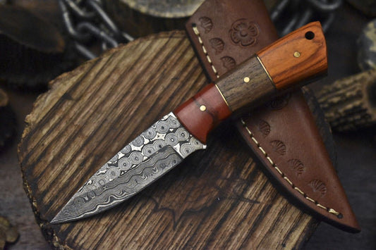 Custom Forged Damascus Skinner Knife Rain Drop Pattern Hardwood Handle EDC