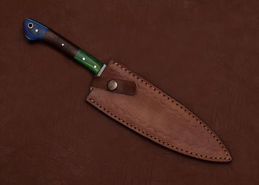 Unique Custom Damascus Steel Chef Knife | Full Tang Fillet Knife with Leather Sheath