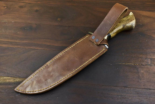 14.5" Handmade Damascus Bowie Knife | Olive Wood Handle