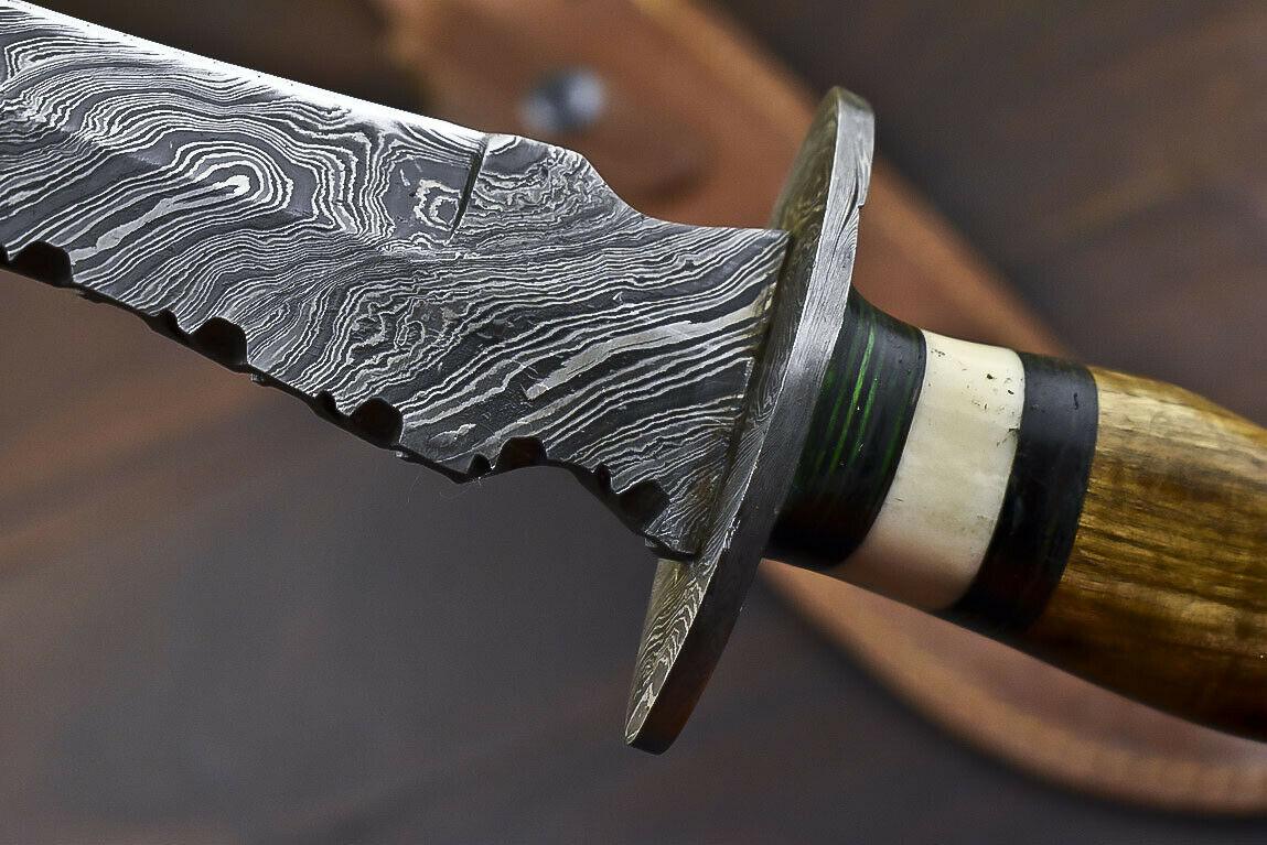 14.5" Handmade Damascus Bowie Knife | Olive Wood Handle