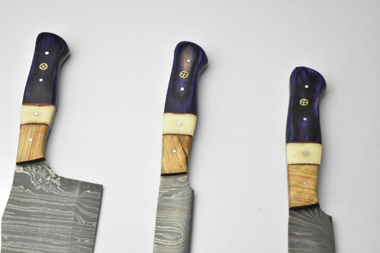 Lot of 3 Handmade Damascus Blade Kitchen Full Tang Chef Knives – High Carbon Steel, 384 Layer Forged Blades