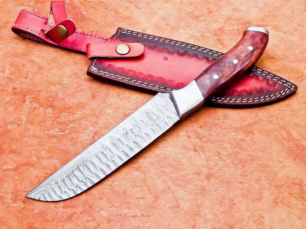 10" Professional Handmade Damascus Steel Chef Kitchen Knife with Hard Wood Handle + Leather Sheath