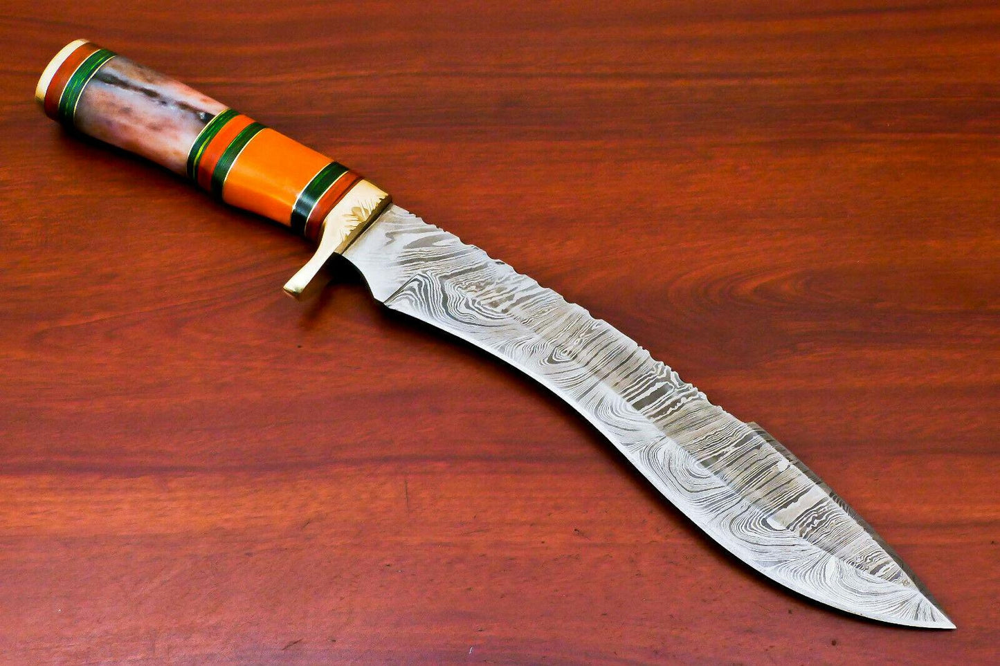 15" Hand Forged Damascus Bowie Hunting Knife – Stained Camel Bone & Hard Wood Handle
