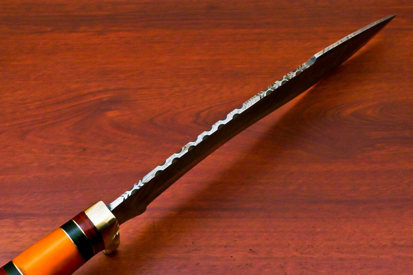 15" Hand Forged Damascus Bowie Hunting Knife – Stained Camel Bone & Hard Wood Handle