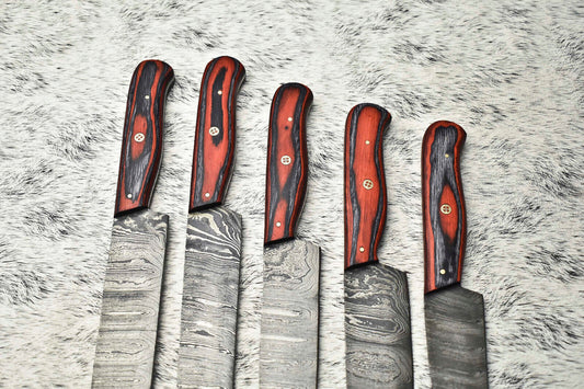 Lot of 5 Handmade Full Tang Damascus Steel Chef Knives | Premium Cutlery Set