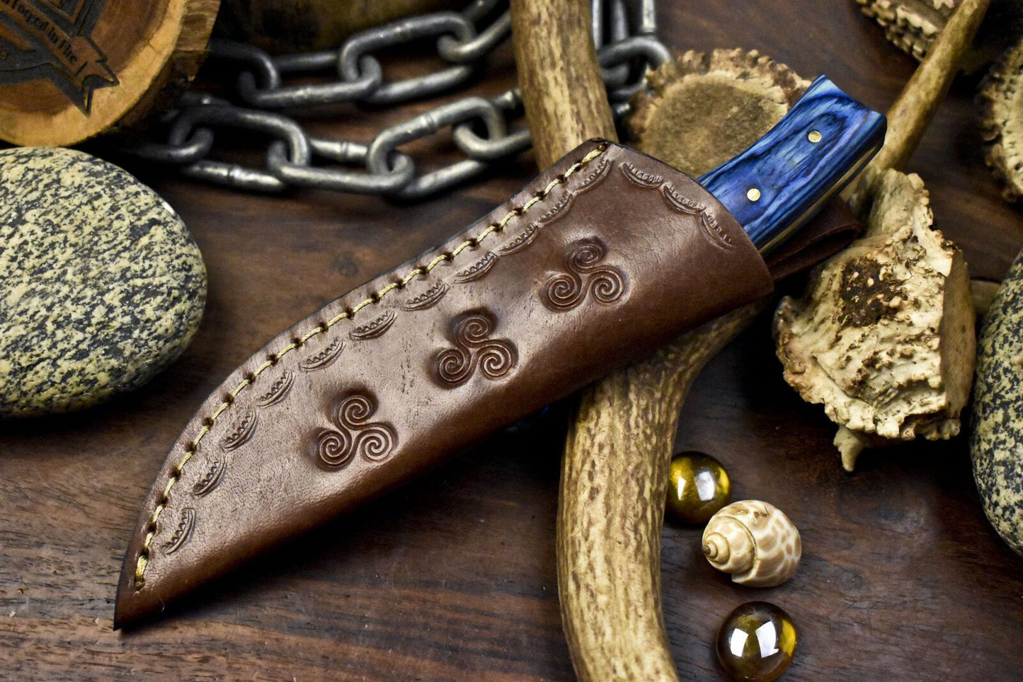 8" Custom Skinner Knife – AUS-8 Steel Blade, Hardwood Handle, Leather Sheath Sports Veterans Gift