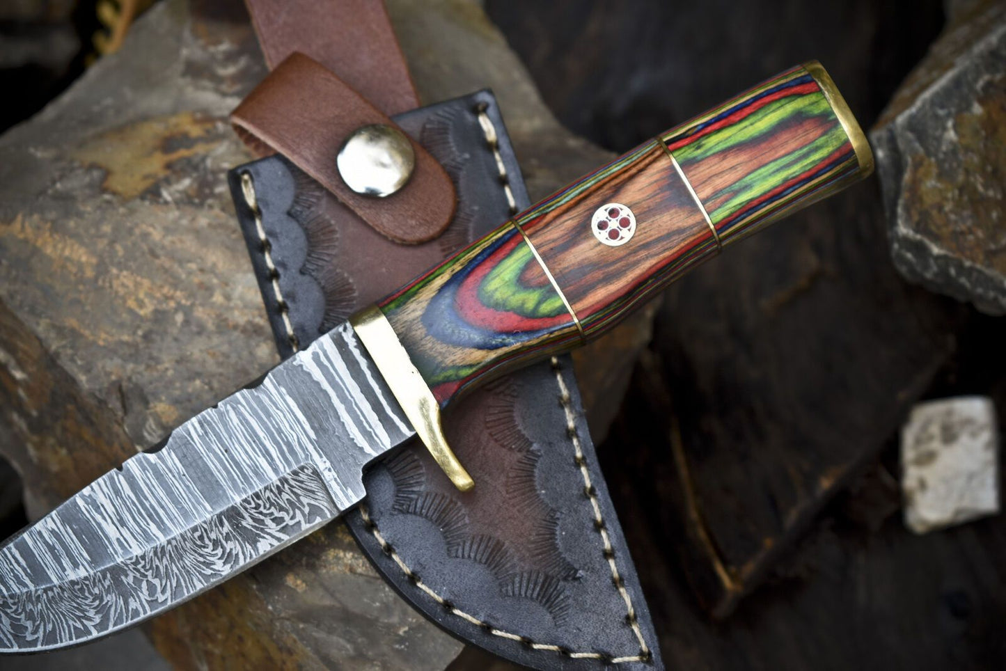 Custom Twist Damascus Skinner Knife with Hard Wood Handle and Brass Guard – Tactical Hunting Knife