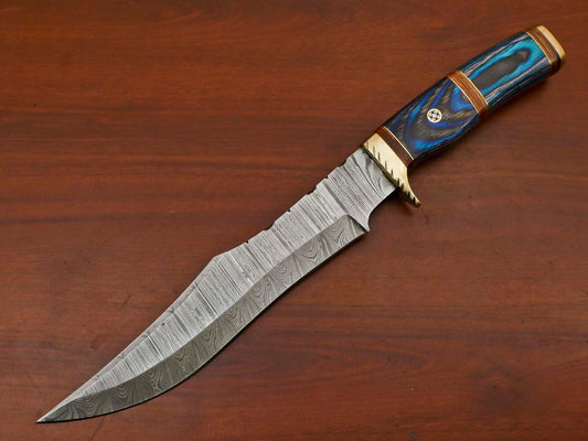 Handmade Damascus Pakka Wood Bowie Hunting Knife – Brass Guard, 14" Overall